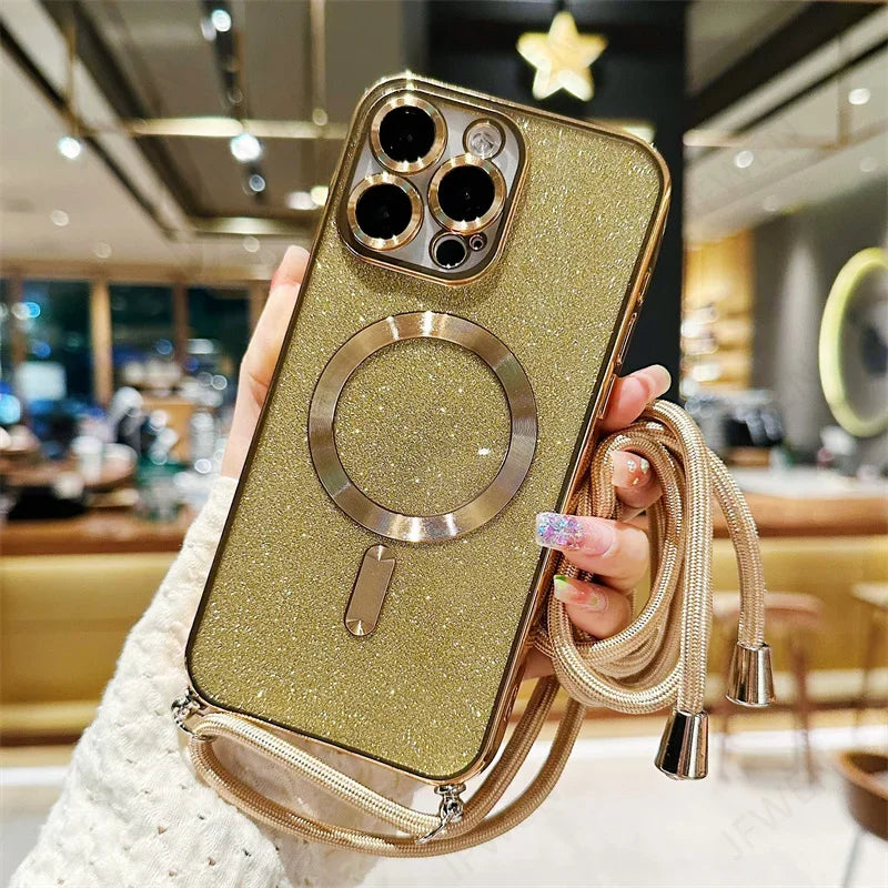 Luksus MagSafe Glitter Crossbody Stroppetui For iPhone 13 Elektroplaterte Trådløse Lade TPU Bakre Lanyard Deksel