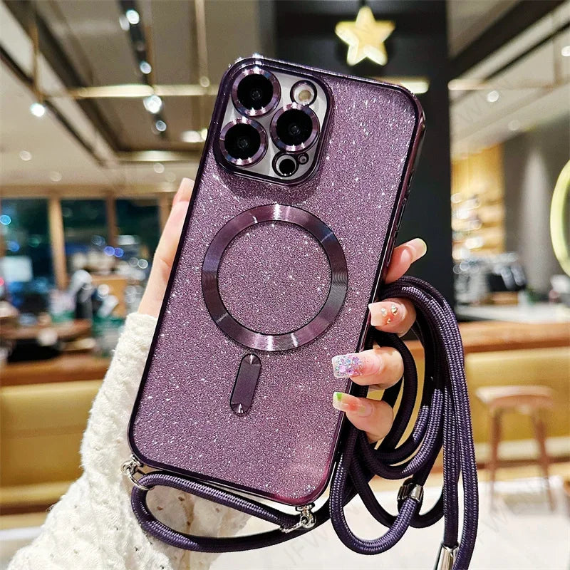 Luksus MagSafe Glitter Crossbody Stroppetui For iPhone 13 Elektroplaterte Trådløse Lade TPU Bakre Lanyard Deksel