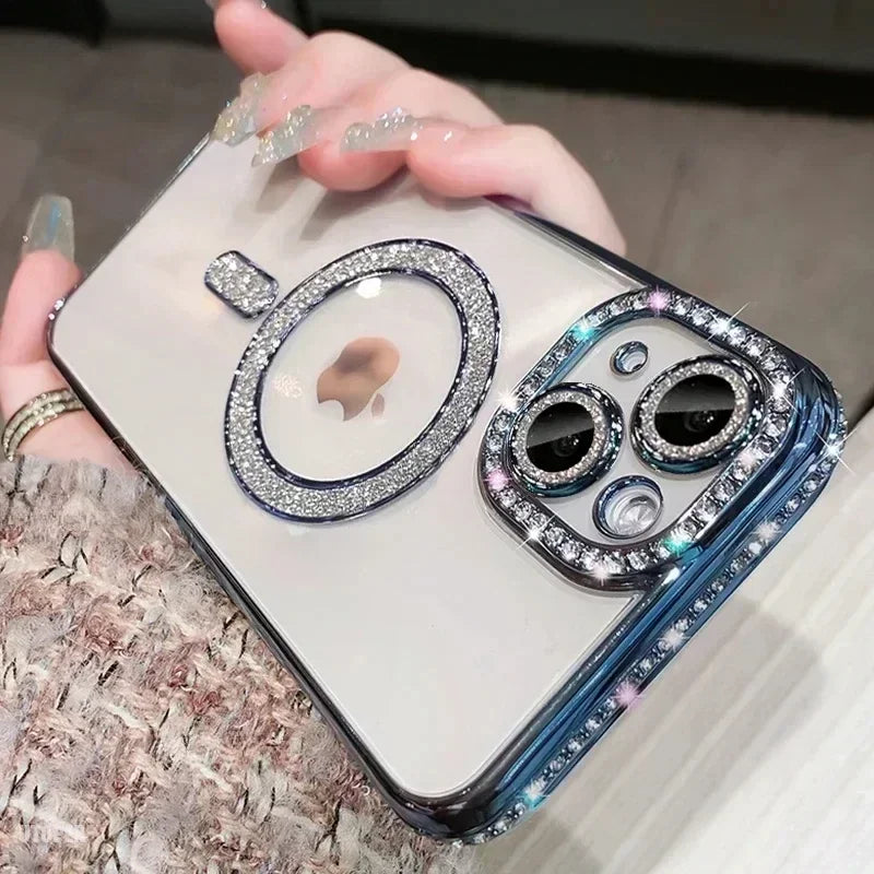 Luksus Glitter Bling MagSafe-deksel med krystalllinse for iPhone 15 16 11 12 13 14 Pro Max 16 Plus magnetisk trådløs lading gjennomsiktig deksel