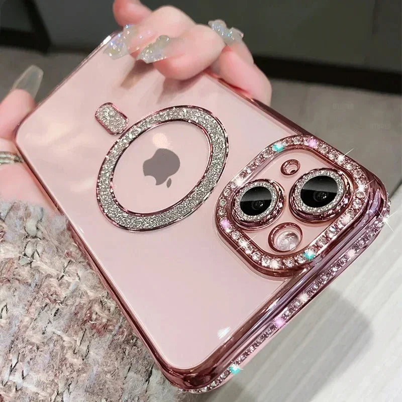 Luksus Glitter Bling MagSafe-deksel med krystalllinse for iPhone 15 16 11 12 13 14 Pro Max 16 Plus magnetisk trådløs lading gjennomsiktig deksel