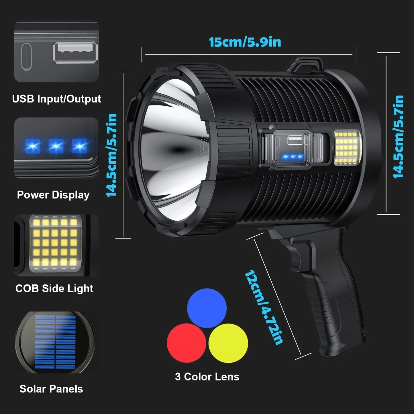 Norvo | Spotlight LuminexPro 900K | 900,000 Lumen | 10,000 mAh Batteri | Sol- og USB-lading | IPX5 Vanntett