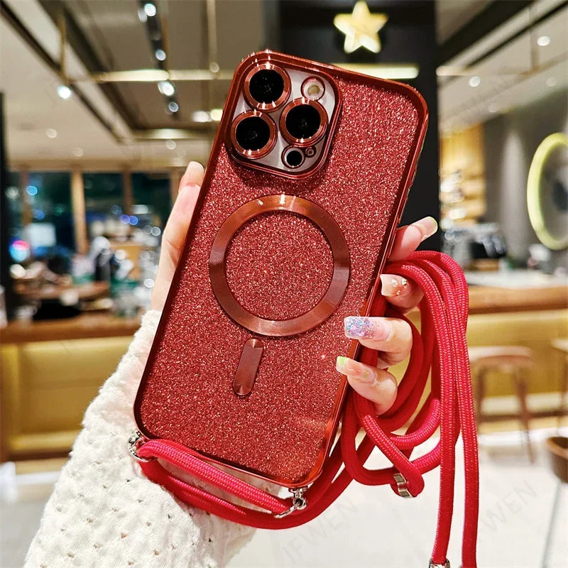 Luksus MagSafe Glitter Crossbody Stroppetui For iPhone 13 Elektroplaterte Trådløse Lade TPU Bakre Lanyard Deksel