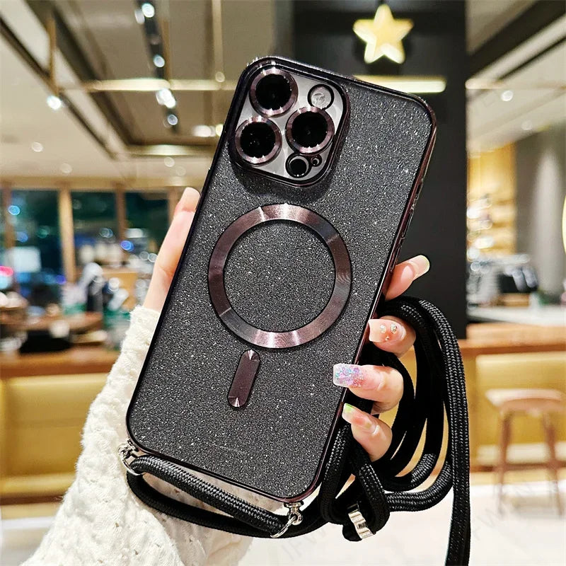 Luksus MagSafe Glitter Crossbody Stroppetui For iPhone 13 Elektroplaterte Trådløse Lade TPU Bakre Lanyard Deksel