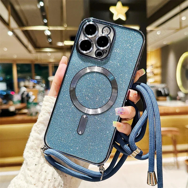 Luksus MagSafe Glitter Crossbody Stroppetui For iPhone 13 Elektroplaterte Trådløse Lade TPU Bakre Lanyard Deksel