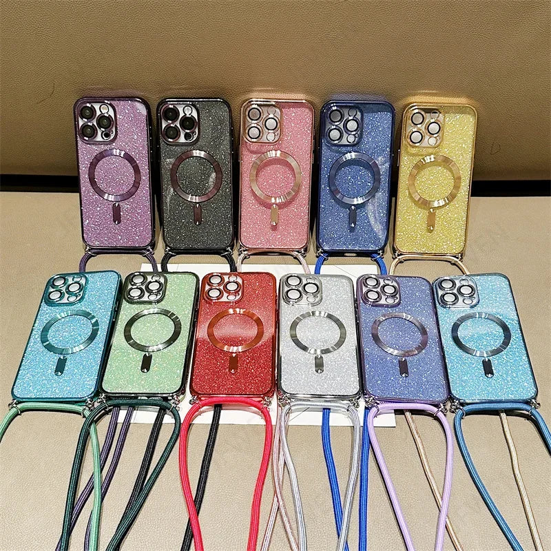 Luksus MagSafe Glitter Crossbody Stroppetui For iPhone 13 Elektroplaterte Trådløse Lade TPU Bakre Lanyard Deksel