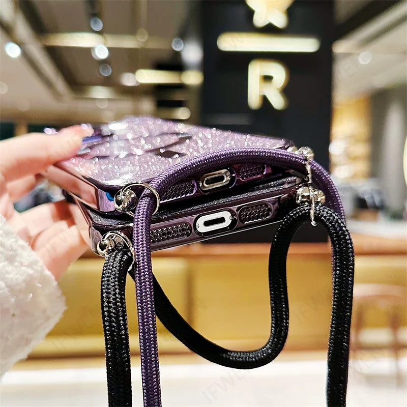 Luksus MagSafe Glitter Crossbody Stroppetui For iPhone 13 Elektroplaterte Trådløse Lade TPU Bakre Lanyard Deksel