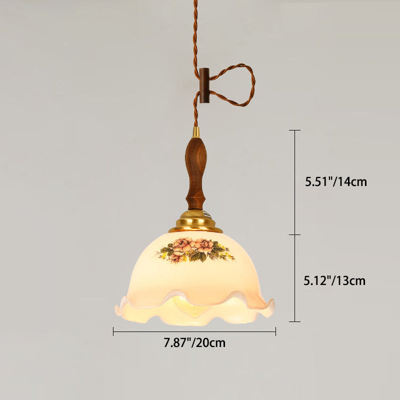 Norvo | Tradisjonell Vintage Messing Snor Valnøtt Glass Blomst Buet 1-Lykt Pendellampe For Spiserom