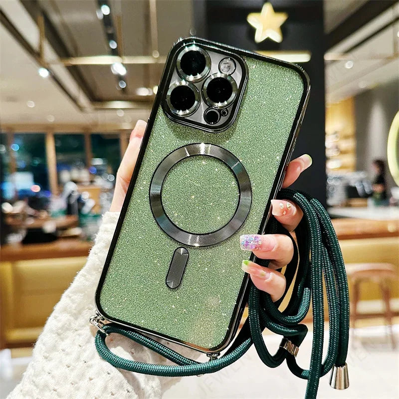 Luksus MagSafe Glitter Crossbody Stroppetui For iPhone 13 Elektroplaterte Trådløse Lade TPU Bakre Lanyard Deksel