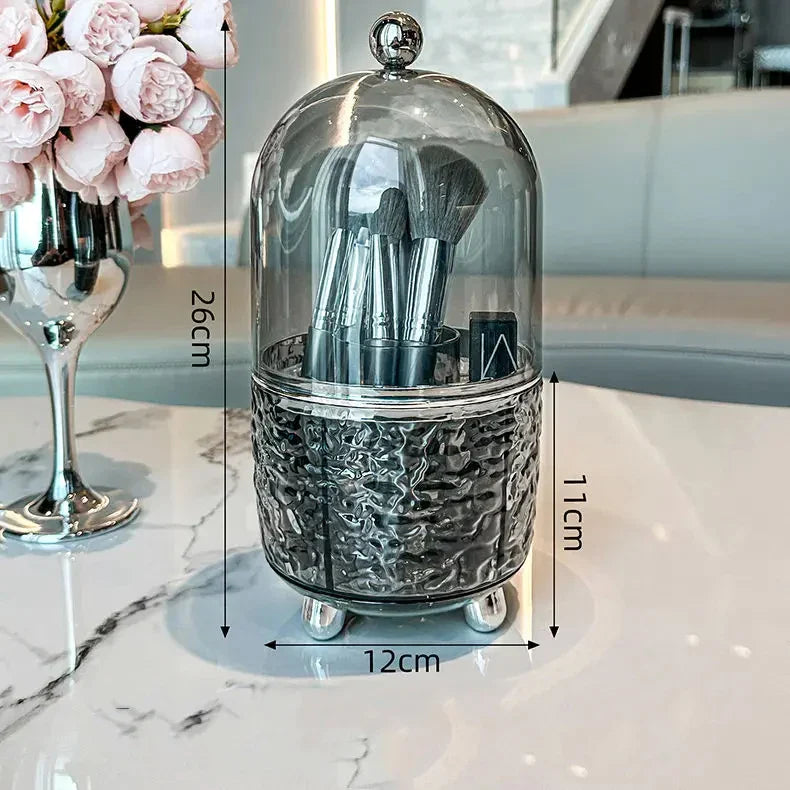 Norvo | Lumora Sminkebørste Organizer med Lokk | Støvtett & Rotérbar | For Børster, Leppestifter & Parfyme | 360° Rotasjon | Sølv/Grå