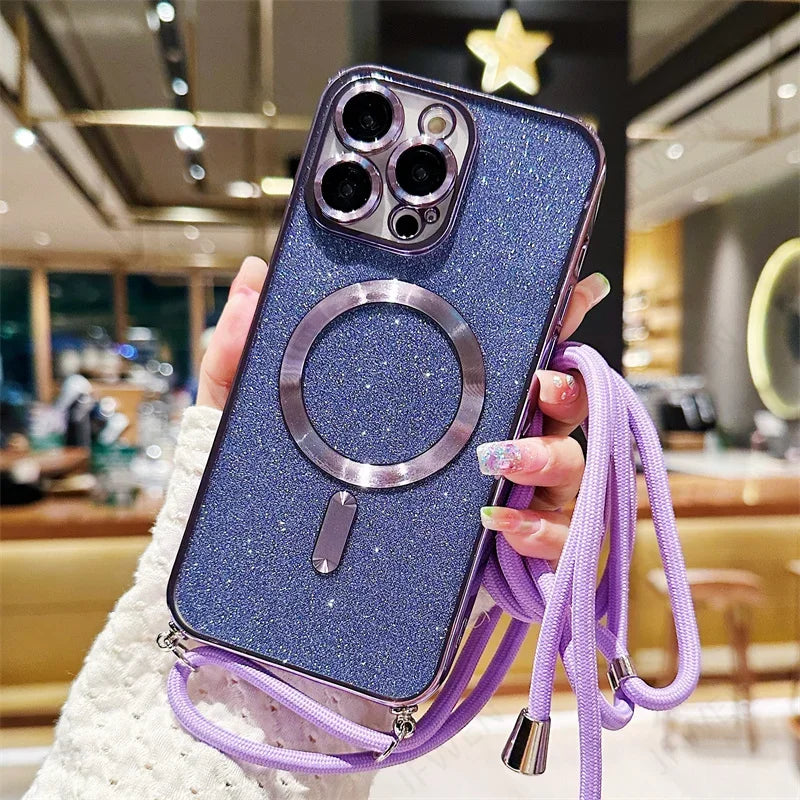 Luksus MagSafe Glitter Crossbody Stroppetui For iPhone 13 Elektroplaterte Trådløse Lade TPU Bakre Lanyard Deksel