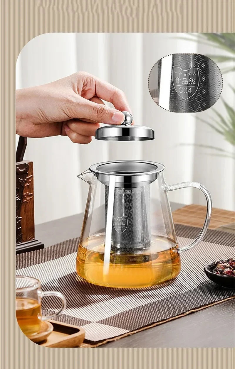 Norvo | 450ml-950ml Varmeresistente Glass Tekanne – Rustfritt Stål Te-sil, Blomstekanne for Kung Fu Te-servise, Puer- og Oolong-te