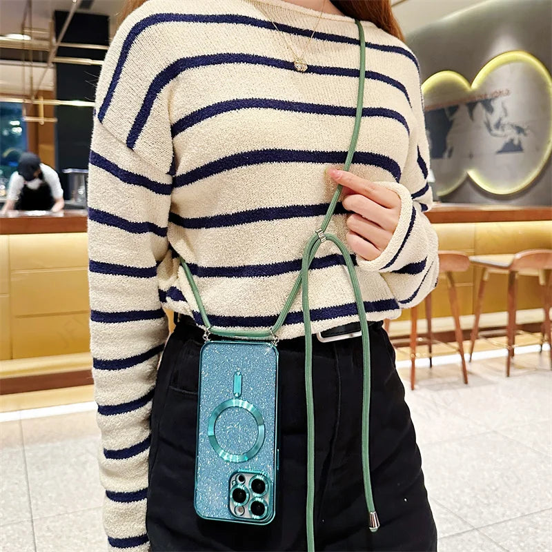 Luksus MagSafe Glitter Crossbody Stroppetui For iPhone 13 Elektroplaterte Trådløse Lade TPU Bakre Lanyard Deksel