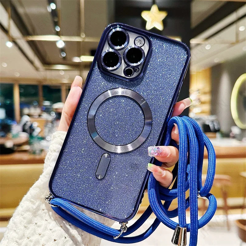 Luksus MagSafe Glitter Crossbody Stroppetui For iPhone 13 Elektroplaterte Trådløse Lade TPU Bakre Lanyard Deksel
