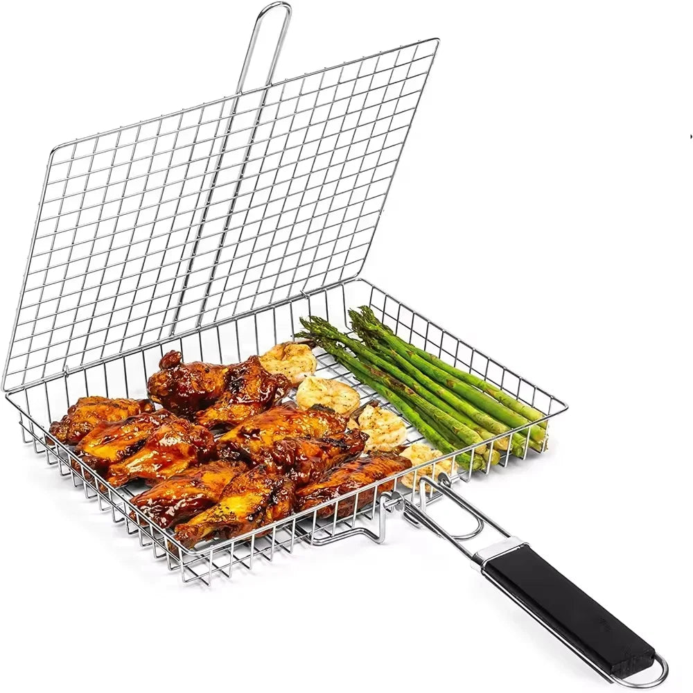 Norvo | Stor rustfritt stål grillkurv – Sammenleggbart BBQ-hylle for fisk, bærbart utendørs camping- & kjøkkenutstyr