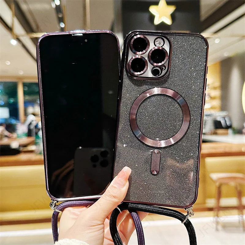 Luksus MagSafe Glitter Crossbody Stroppetui For iPhone 13 Elektroplaterte Trådløse Lade TPU Bakre Lanyard Deksel