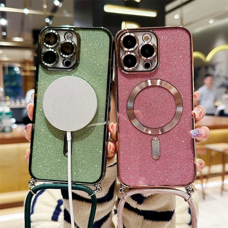 Luksus MagSafe Glitter Crossbody Stroppetui For iPhone 13 Elektroplaterte Trådløse Lade TPU Bakre Lanyard Deksel