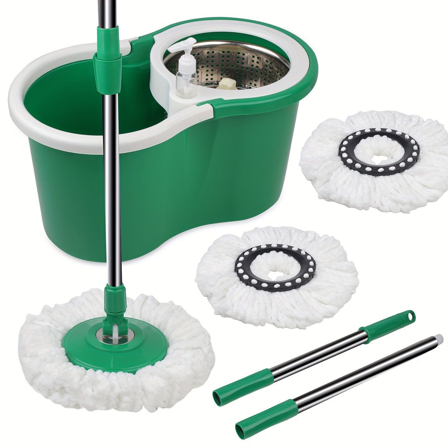 Norvo | Spin-mopp og bøtte sett med presse – 360° roterende mopp-system, inkluderer 3 mikrofiber-mopp hoder og 61" justerbart rustfritt stål håndtak – Ideell for gulvrengjøring i bad og skoler