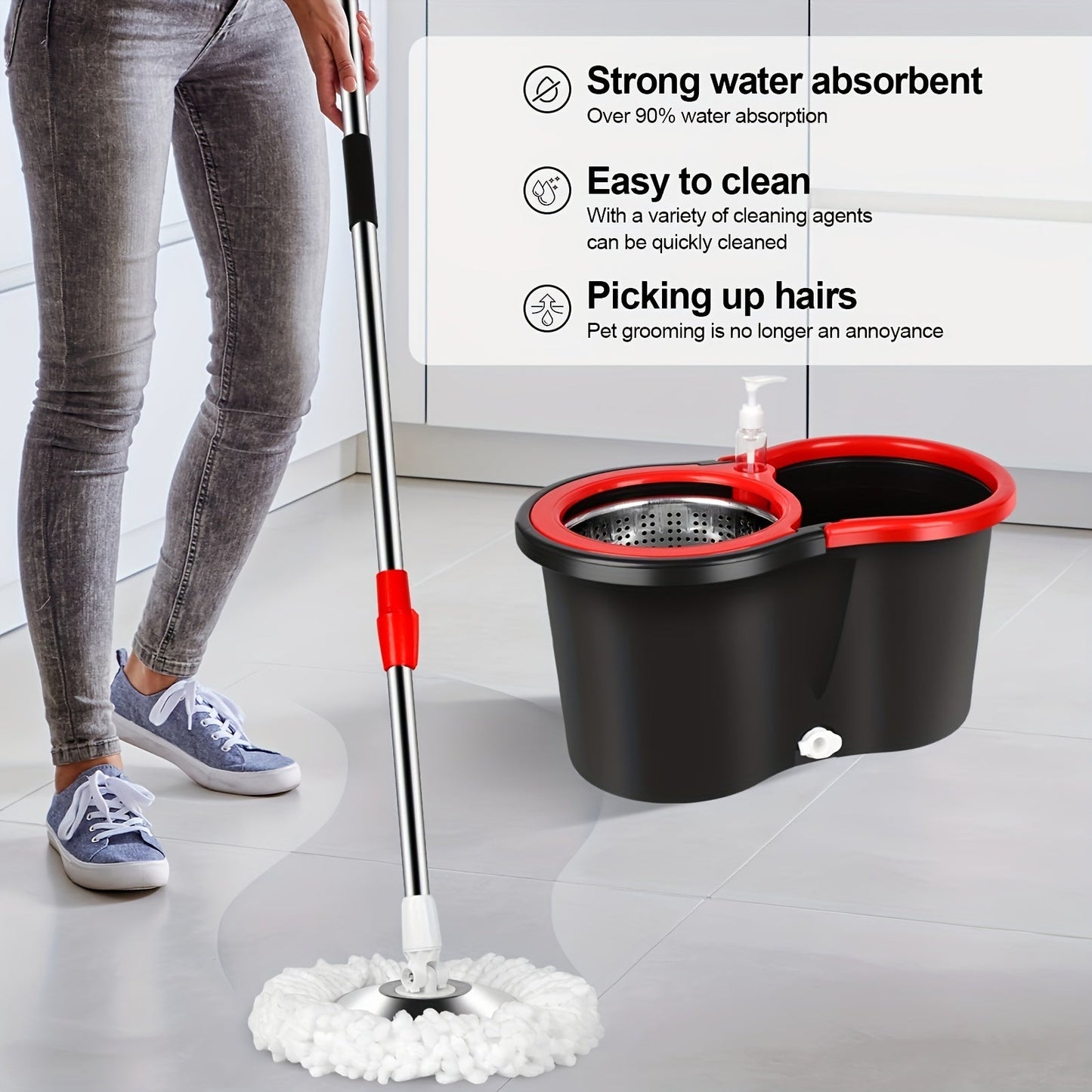Norvo | Spin-mopp og bøtte sett med presse – 360° roterende mopp-system, inkluderer 3 mikrofiber-mopp hoder og 61" justerbart rustfritt stål håndtak – Ideell for gulvrengjøring i bad og skoler
