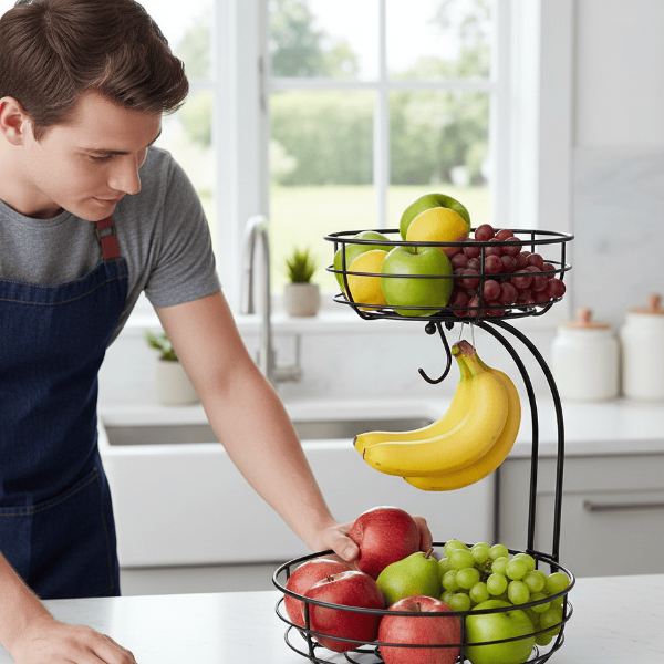 Norvo | KITCHENOVA FRUIT HAVEN – 2-lags metall fruktkurv med bananstativ
