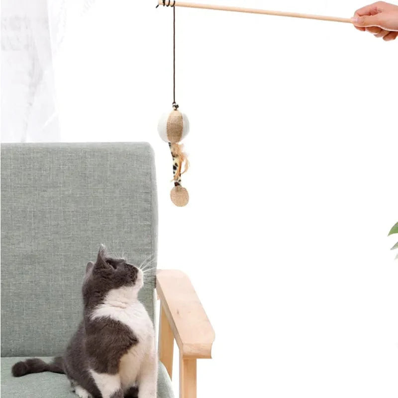 Norvo | 1PC Teaser Fjærleker Kattunger Morsomme Fargerike Staver Katt Tryllestaver Leker Tre Kattedyr Leker Interaktiv Stang Kattedyr Tilbehør