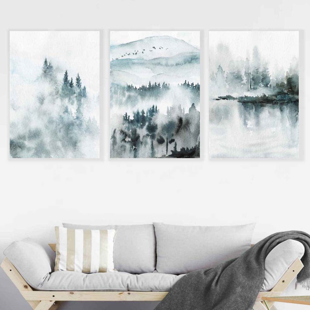 Norvo | Teal Blue Abstrakt Skog Innsjø Sett med 3 Veggkunst Trykk