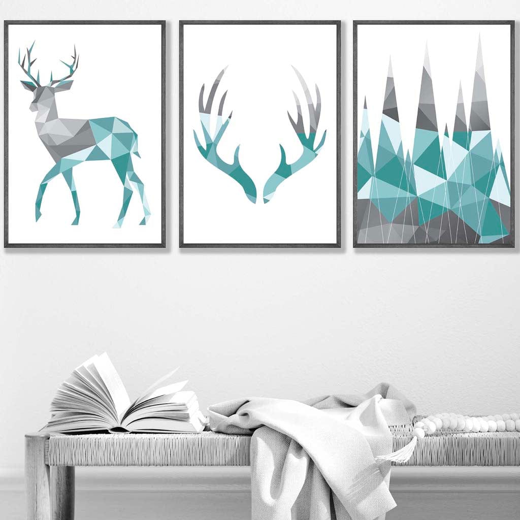 Norvo | Geometrisk Sett av 3 Aqua Blå & Grå Hjortegevir og Skog Kunsttrykk