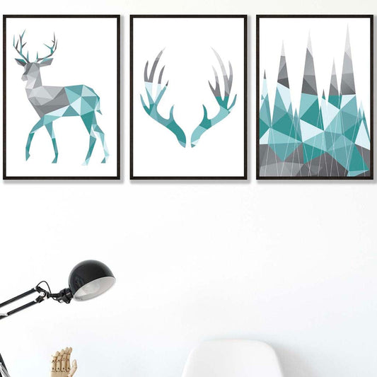 Norvo | Geometrisk Sett av 3 Aqua Blå & Grå Hjortegevir og Skog Kunsttrykk
