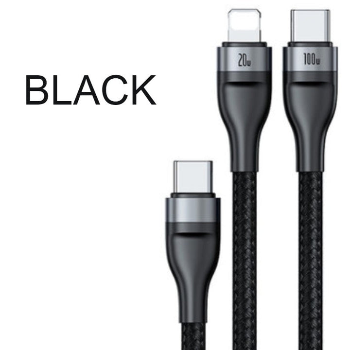 Skanto | 2-i-1 Hurtiglading Ladekabel, Type-C til Lightning & Type-C, med BPS II, Støtte for 100W Strømuttak (1.2m)