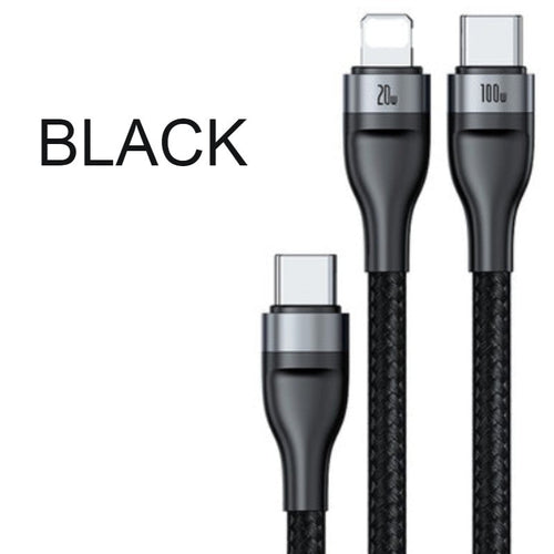 Skanto | 2-i-1 Hurtiglading Ladekabel, Type-C til Lightning & Type-C, med BPS II, Støtte for 100W Strømuttak (1.2m)