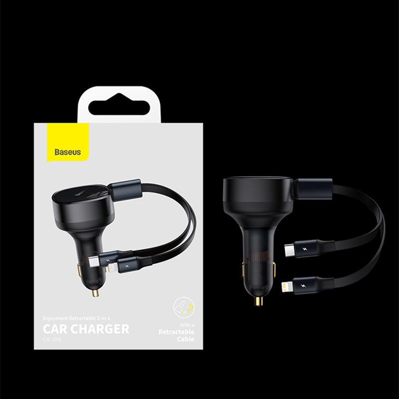 Skanto | 2-i-1 Uttrekkbar USB-C & Lightning Bil Telefon Lader for alle Telefoner & Nettbrett
