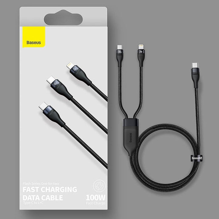 Skanto | 2-i-1 Hurtiglading Ladekabel, Type-C til Lightning & Type-C, med BPS II, Støtte for 100W Strømuttak (1.2m)
