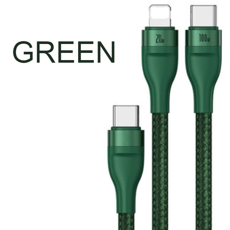 Skanto | 2-i-1 Hurtiglading Ladekabel, Type-C til Lightning & Type-C, med BPS II, Støtte for 100W Strømuttak (1.2m)