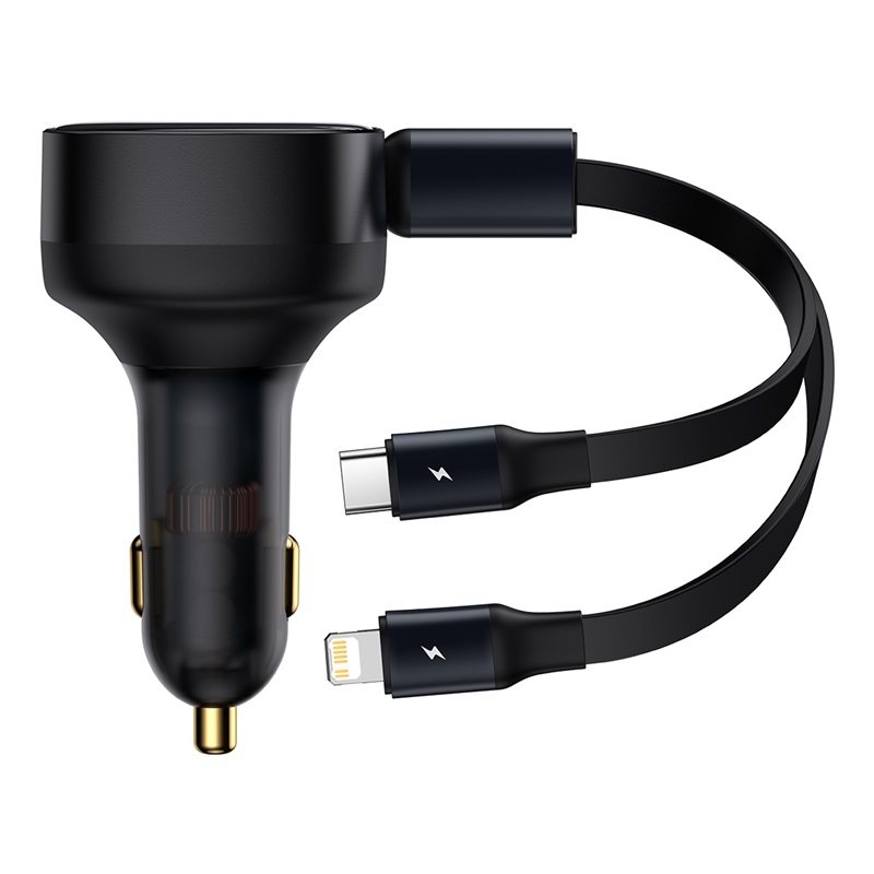 Skanto | 2-i-1 Uttrekkbar USB-C & Lightning Bil Telefon Lader for alle Telefoner & Nettbrett