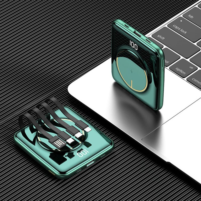 Skanto | 5-i-1 Bærbar Mini 20000mAh Power Bank, med Kablet/Drahtløs Lading, 4 Innebygde Kabler & Super Slank Design, for Telefon, Nettbrett & Mer