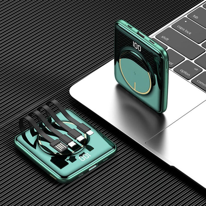 Skanto | 5-i-1 Bærbar Mini 20000mAh Power Bank, med Kablet/Drahtløs Lading, 4 Innebygde Kabler & Super Slank Design, for Telefon, Nettbrett & Mer