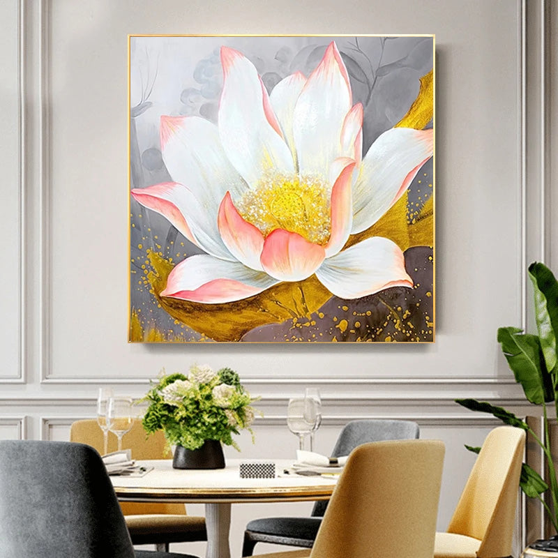 Moderne abstrakte blomster veggkunst Fine Art lerretutskrifter kvadratisk format hvite gull blomsterbilder for stue soverom kunstdekorasjon | Skanto