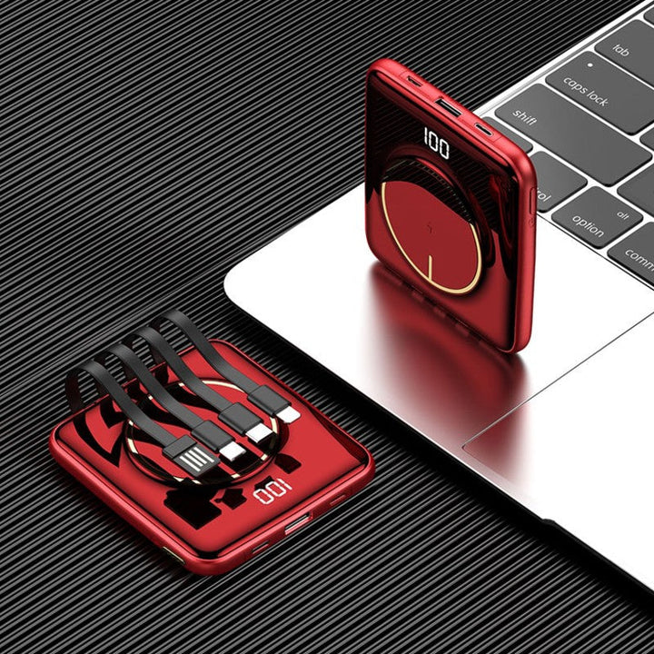 Skanto | 5-i-1 Bærbar Mini 20000mAh Power Bank, med Kablet/Drahtløs Lading, 4 Innebygde Kabler & Super Slank Design, for Telefon, Nettbrett & Mer