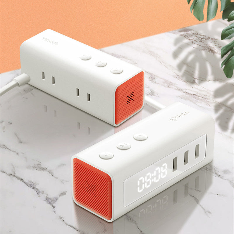 Skanto | 3-i-1 USB-lader, strømbane, vekkerklokke, med justerbart lys, 3 USB-porter og 2 uttak, for nattbord, hjem, hotell, kontor