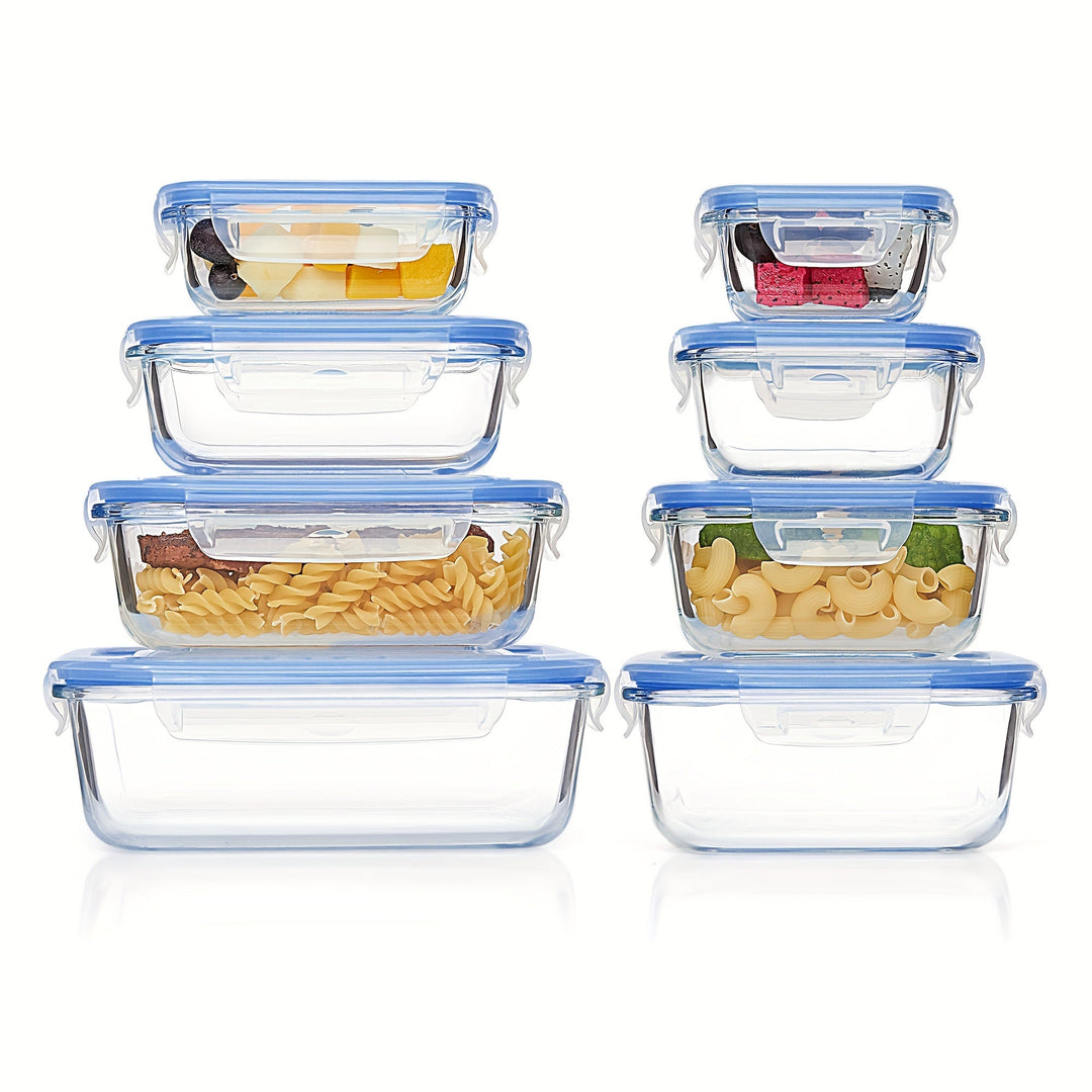 Skanto | 8-Pack Glass Matboksbeholdere – Lufttette Måltid Forberedelse Bento-bokser med lekkasjesikre, låsbare lokk, mikrobølgeovn-, ovn-, fryse- og oppvaskmaskinsikre, BPA-frie