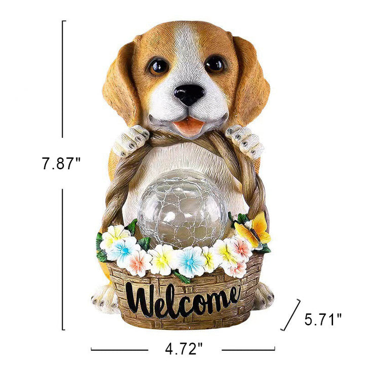 Solcelledrevet LED-hagelampe «Puppies Welcome» laget av harpiks