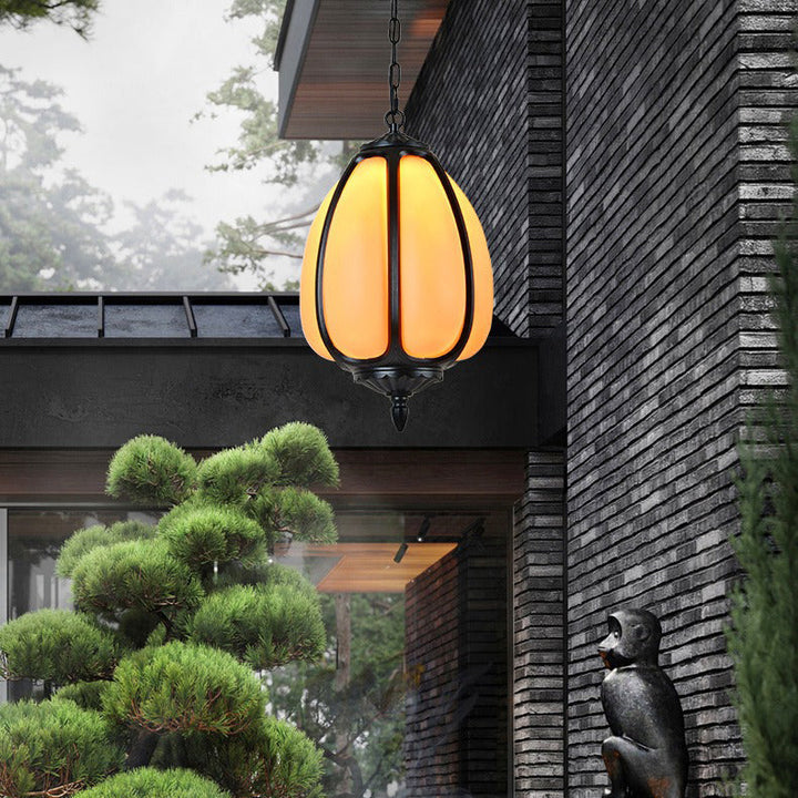 Tradisjonell kinesisk vanntett aluminium PC dolomitt elliptisk gresskar 1-lampe pendellampe for utendørs terrasse | Skanto