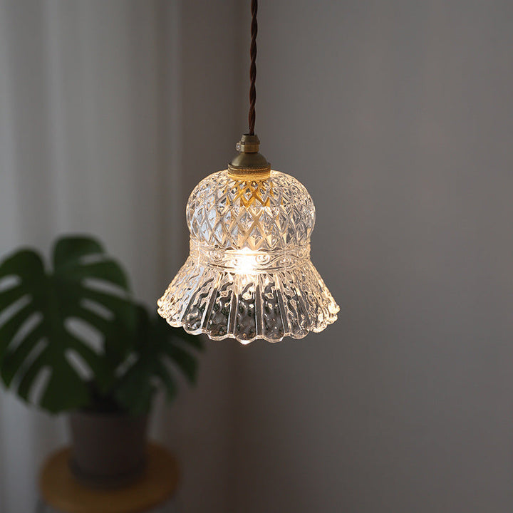 Skanto | Tradisjonell Fransk Messing Ruter Glass Blomst Form 1-Lys Pendellampe For Stue