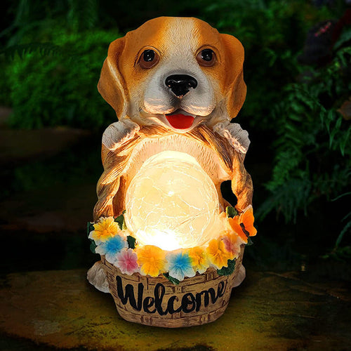 Solcelledrevet LED-hagelampe «Puppies Welcome» laget av harpiks