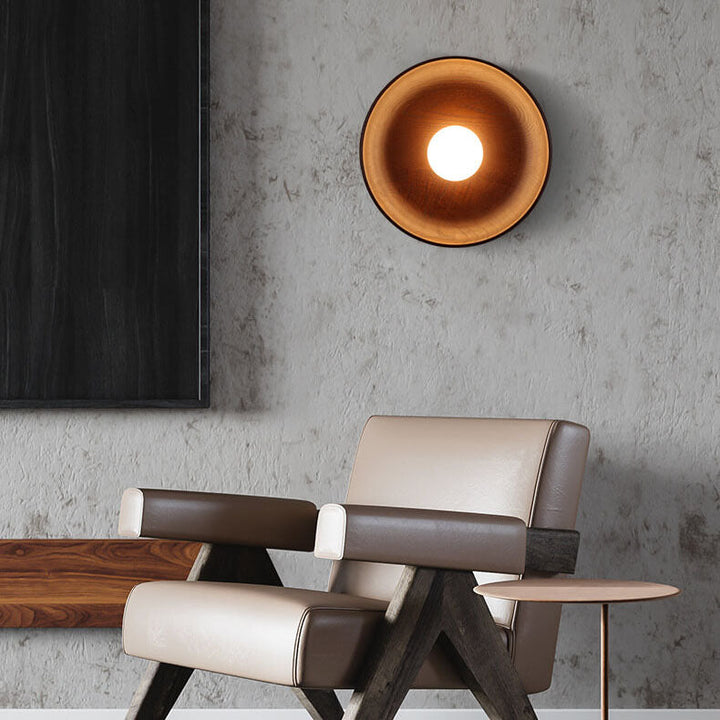 Norvo | Modern Minimalist Rund Skive Solid Tre 1-Lykt Vegglampe