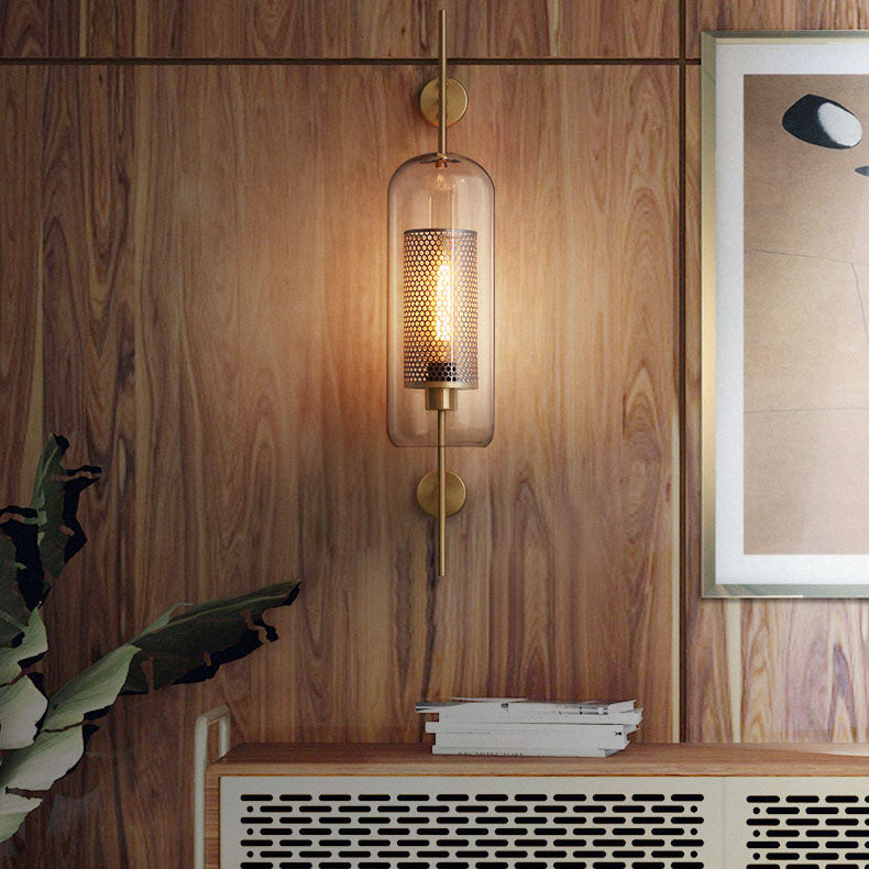 Norvo Industriell Vegglampe | Sylinderformet Glasskjerm | Jernramme | Dekor for Soverom og Stuer