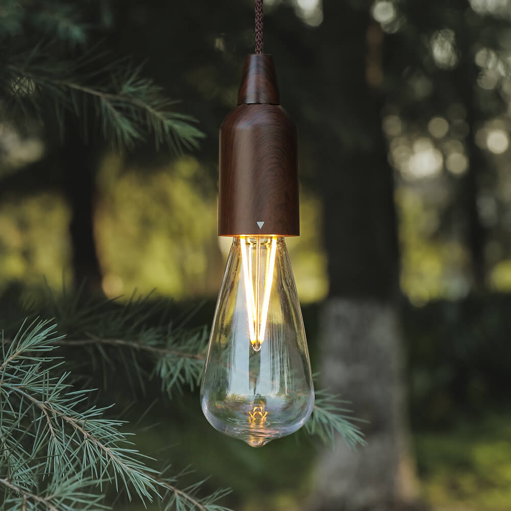 Retro bærbar, vanntett, rund trekjeglelampe med batteri og USB-tilkobling, 1 lyspære, ideell for camping og utendørsaktiviteter