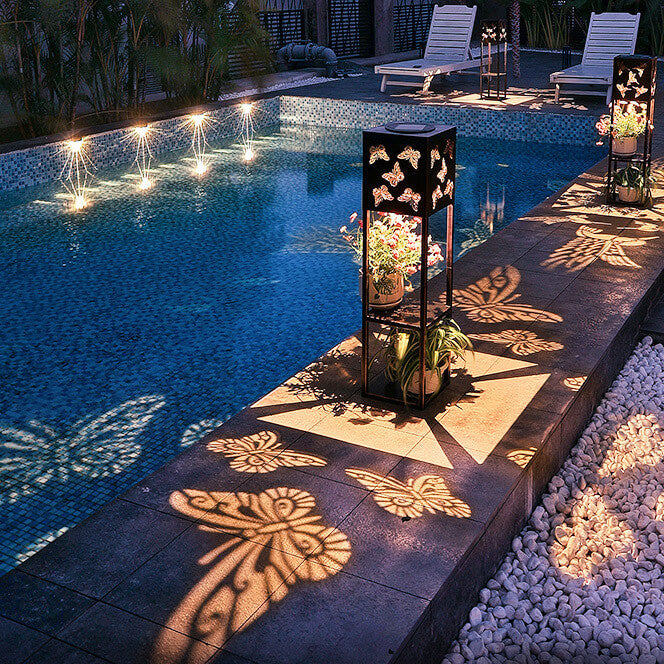 Solcelledrevet sommerfugllampe, skygge, firkantet hyllelampe, plantelampe, hagedekorasjon, vanntett, for terrasse og hage
