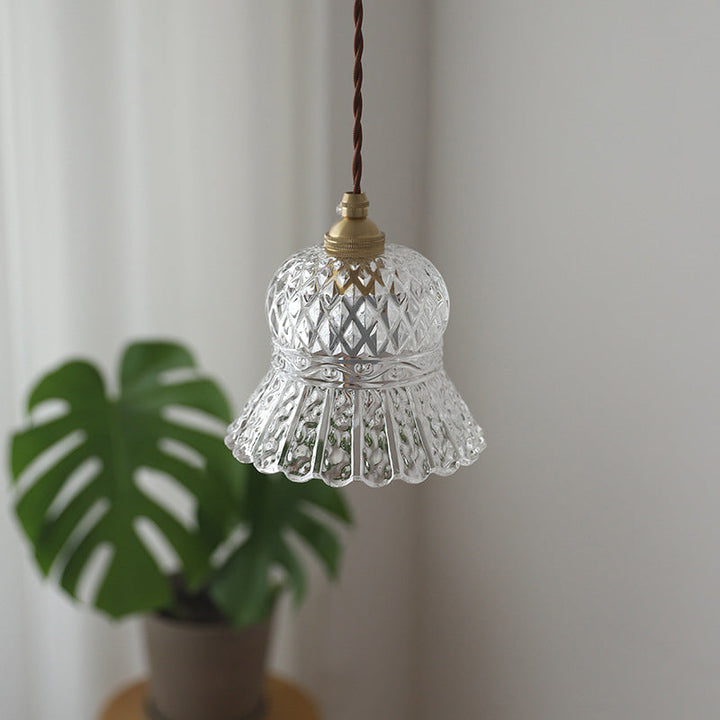 Skanto | Tradisjonell Fransk Messing Ruter Glass Blomst Form 1-Lys Pendellampe For Stue