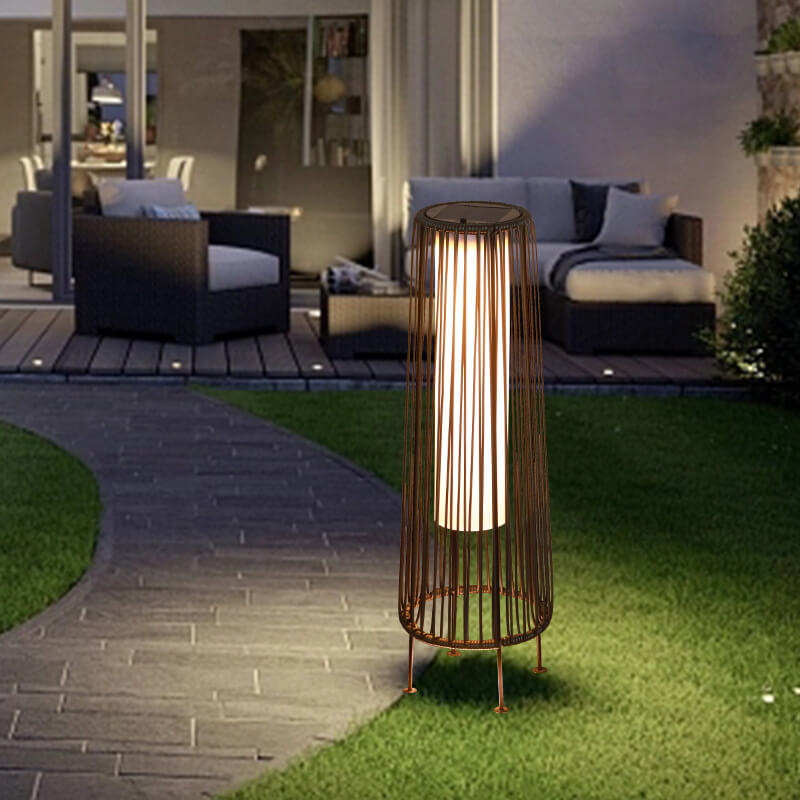 Moderne Shabby Chic Sol Runde Trapezoid Jern Rattan Wicker LED Utendørs Lys For Utendørs Patio | Skanto