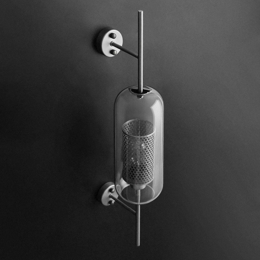 Norvo Industriell Vegglampe | Sylinderformet Glasskjerm | Jernramme | Dekor for Soverom og Stuer